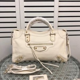 Balenciaga Medium Classic City Shoulder Bag Metallic Edge Goatskin In White