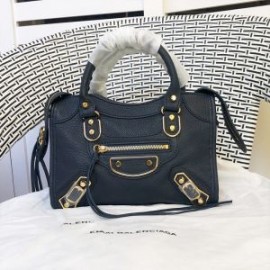 Balenciaga Mini Classic City Shoulder Bag Metallic Edge Goatskin In Navy Blue